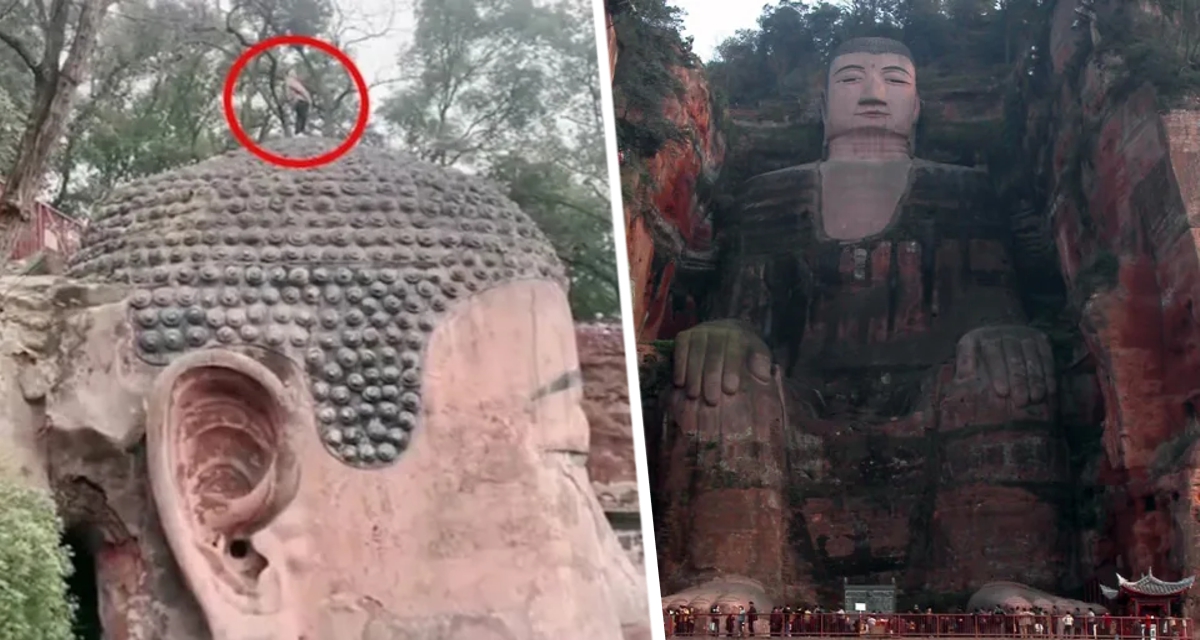 Турист залез на гигантскую статую священного Будды и помочился с неё на группу экскурсантов