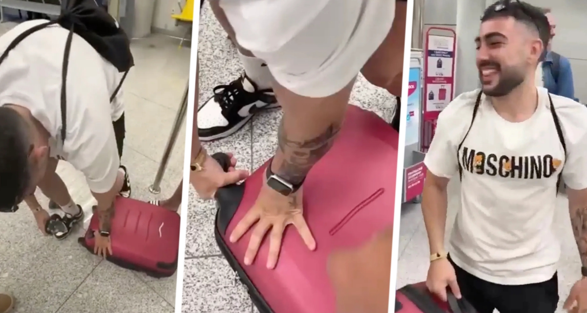 Разъяренный пассажир обманывает авиакомпанию, ломая свой чемодан, чтобы не платить: все туристы в очереди ликуют