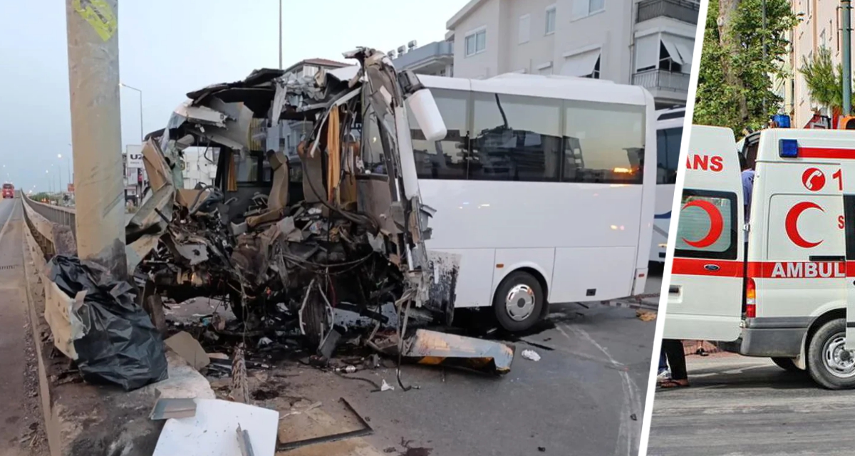 Десятки российских туристов госпитализированы: в Турции туристический автобус на полном ходу врезался в столб, превратившись в груду металла